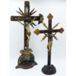 AN ANTIQUE CARVED WOOD AND POLYCHOME PANITED CORPUS CHRISTI, THE CROSS WITH REVERSE PAINTED INSET