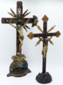 AN ANTIQUE CARVED WOOD AND POLYCHOME PANITED CORPUS CHRISTI, THE CROSS WITH REVERSE PAINTED INSET