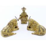 A PAIR OF VICTORIAN GILT BROZE FIGURES OF RECUMBANT LIONS 9CM LONG TOGETHER WITH A GILT BRONZE