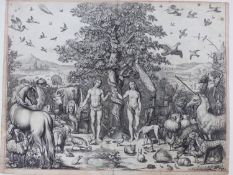 A LARGE FOLIO OLD MASTER PRINT OF ADAM AND EVE IN A LANDSCAPE SETTING SURROUNDED BY VARIOUS