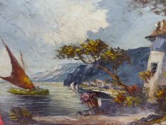 20TH CENTURY CONTINENTAL SCHOOL, A COASTAL VIEW, SIGNED INDISTINCTLY, OIL ON CANVAS, UNFRAMED, 50