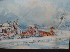 SCHOOL OF H.ALKEN, A COACH AND FOUR SNOWBOUND, WATERCOLOUR AND ANOTHER BY A DIFFERENT HAND.