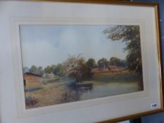 LATE 19TH CENTURY ENGLISH SCHOOL, A VIEW OF OLD DENHAM, WATERCOLOUR, 29 X 49CM