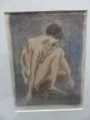 HORACE BRODZKY (AUSTRALIAN 1885-1969) CROUCHING NUDE, SIGNED AND DATED 1934, WATERCOLOUR, 25 X 18.