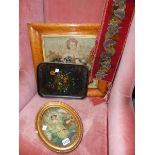 A REGENCY OVAL SILKWORK PICTURE OF A COUNTRY GIRL, A MAPLE FRAMED NEEDLEWORK PANEL, BELL PULL, ETC.