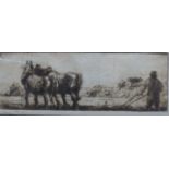 (ARR) HARRY BECKER, LABOURER AND HORSES PLOUGHING, SIGNED IN PENCIL, ETCHING, 10 X 30CM
