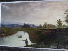 VICTORIAN NAIVE SCHOOL, AN EXTENSIVE RIVER LANDSCAPE WITH A MILL TOWN, OIL ON CANVAS, 80 X 126CM IN