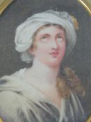 EARLY 19TH CENTURY ENGLISH SCHOOL, OVAL MINIATURE WATERCOLOUR PORTRAIT OF A CLASSICAL MUSE, 12 X 8.