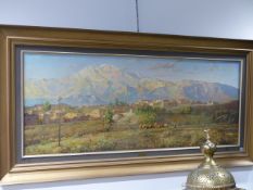 ABD-AL HOSSAIN MOHSENI (IRANIAN 20TH CENTURY), A VILLAGE IN THE MOUNTAIN FOOTHILLS, SIGNED, OIL ON