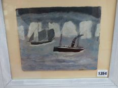 20TH.C.ENGLISH NAIVE SCHOOL, FISHING BOATS, OIL ON BOARD.