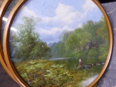 E. TAYLOR (19TH CENTURY ENGLISH SCHOOL) PAIR OF CIRCULAR WOODED RIVER LANDSCAPES, SIGNED, OIL ON