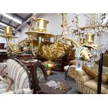 A VINTAGE GILT BRASS GOTHIC REVIVAL STYLE CHANDELIER, THREE DOWN LIGHTS AND SIX CANDLE ARMS