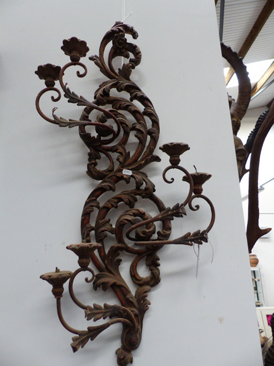 A LARGE ROCOCO STYLE SIX LIGHT WALL APPLIQUE. SCROLLING FOLIATE FORM. 98CM HIGH