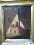 19TH CENTURY CONTINENTAL SCHOOL, THE COPPER STILL, OIL ON CANVAS, SIGNED INDISTINCTLY, 25 X 19CM