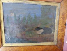 19TH.C.ENGLISH NAIVE SCHOOL. RABBIT, OIL ON CANVAS IN MAPLE FRAME. 31x41Cms