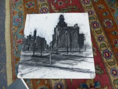 20TH CENTURY SCHOOL, TWO GRISAILLE DRAWINGS OF ARCHITECTURAL SUBJECTS AND THREE FOLIO PRINTS, SOME