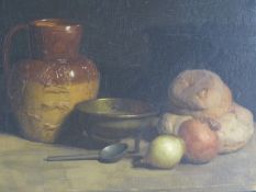 (ARR) WILL C. PENN, STILL LIFE OF A SALT GLAZE JUG AND BREAD, OIL ON BOARD, 48 X 58.5CM TOGETHER