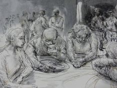 (ARR) O. HODGSON, FIGURES EATING, SIGNED AND DATED 1989, INK AND WASH, 14 X 19CM (UNFRAMED)