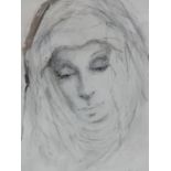 (ARR) SARA LEIGHTON, "PIETA" HEAD PORTRAIT OF A NUN, SIGNED, TITLED AND DATED '63, INK AND WASH,