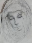 (ARR) SARA LEIGHTON, "PIETA" HEAD PORTRAIT OF A NUN, SIGNED, TITLED AND DATED '63, INK AND WASH,