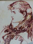 PRE-RAPHEALITE ENGLISH SCHOOL, PORTRAIT OF A LADY, SEPIA WASH DRAWING, 20 X 17CM