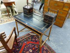 AN EDWARDIAN BAMBOO AND LACQUER ORIENTALIST WRITING TABLE. FOUR DRAWER SUPERSTRUCTURE, INSET LEATHER