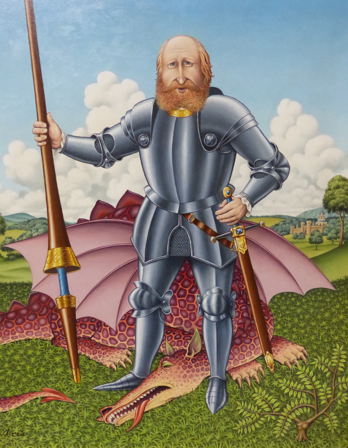 (ARR) FRED ARIS, ST GEORGE AND THE DRAGON, SIGNED, OIL ON BOARD, 55 X 45CM