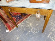 A VICTORIAN SCUMBLED PINE ONE DRAWER SIDE TABLE WITH FAUX MARBLE TOP