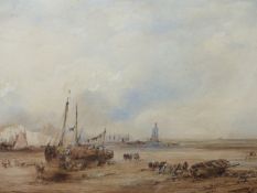 MARNY (FRENCH 19TH CENTURY) AN EXTENSIVE COASTAL VIEW WITH FISHERFOLK, SIGNED, WATERCOLOUR, 44 X