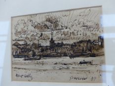 A FRAMED PEN AND INK SKETCH OF GRAVESEND SIGNED INDISTINCTLY, A THAMES VIEW BY ANOTHER HAND AND