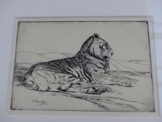 S. TRESILIAN (1891-1974) A TIGER, SIGNED, ETCHING, 16.5 X 24CM. TOGETHER WITH ANOTHER POSSIBLY BY