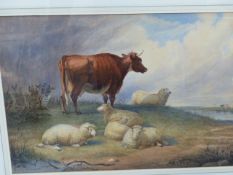 CIRCLE OF THOMAS SIDNEY COOPER, CATTLE AND SHEEP WATERING, WATERCOLOUR, 48 X 69CM