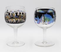 TWO ART DECO ENAMEL DECORATED LARGE GLASSES, ONE SIGNED VEDAR