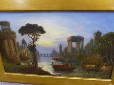 19TH CENTURY CONTINENTAL SCHOOL, A CLASSICAL CAPRICCIO, OIL ON CANVAS, 31 X 51CM