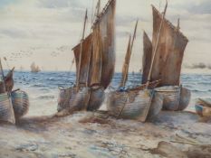J. MORLAND (19TH/20TH CENTURY ENGLISH SCHOOL), BEACHED FISHING BOATS, SIGNED, WATERCOLOUR, 34 X 50CM
