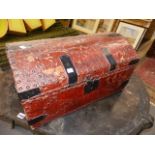 GEORGIAN RED LEATHER IRON MOUNTED DOME TOP SMALL TRAVELLING TRUNK. LABELLED A. RUNTING, BRIGHTON