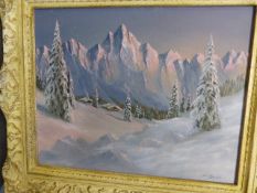 H. VILLERS (20TH CENTURY CONTINENTAL SCHOOL) A MOUNTAIN LANDSCAPE IN WINTER, SIGNED, OIL ON