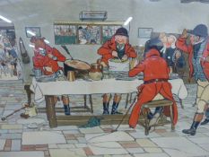 A VINTAGE COLOUR PRINT AFTER CECIL ALDIN, THE HUNTSMEN'S BREAKFAST, 38 X 61CM