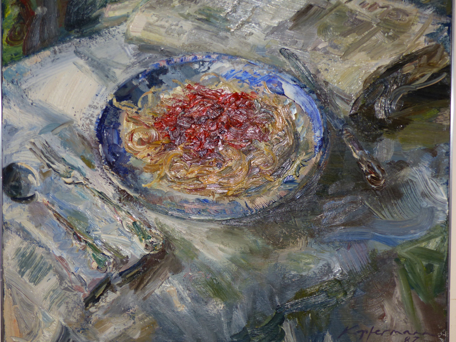 (ARR)KOPFERMAN, STILL LIFE OF PASTA AND NEWSPAPER, SIGNED AND DATED '87, OIL ON CANVAS, 61 X