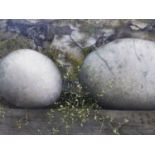 S.T. STUDY OF STONES, MOSS AND FRONDS, INITIALLED AND DATED '85 VERSO, MIXED MEDIA ON PANEL, 29 X
