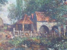 S.S SLATER (20TH CENTURY), A CONTINENTAL FARMYARD, SIGNED, OIL ON BOARD, 67 X 92CM