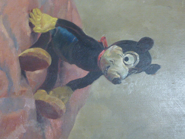 20TH CENTURY OIL STUDY OF A CARTOON MOUSE TOY, OIL ON PANEL, INITIALLED, 40 X 30CM