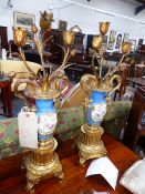 A PAIR OF LATE 19TH CENTURY FRENCH ORMOLU AND CANDELABRA WITH SEVRES TYPE COLUMNS, STYLIZED FLOWER