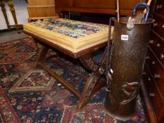 A LARGE VICTORIAN DRESSING STOOL ON X FRAMED SUPPORTS TOGETHER WITH AN ART NOUVEAU COPPER AND IRON