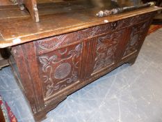 AN 18TH.C.OAK PANEL FRONT COFFER. 134cms WIDE.