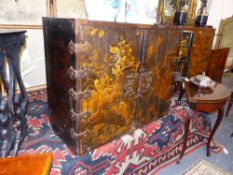 AN ANTIQUE CHINESE EXPORT METAL MOUNTED LACQUER CABINET WITH MULTI DRAWER INTERIOR. 96CM WIDE X 78CM