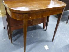AN EARLY 19TH.C.MAHOGANY AND SATINWOOD BANDED FOLD OVER CARD TABLE. 94cms WIDE.