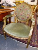 A PAIR OF CARVED AND PAINTED WOOD SHOW FRAME SALON ARMCHAIRS.