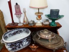 A VICTORIAN POTTERY FOOTBATH. THREE TABLE LAMPS, ART GLASS SHADE, ETC