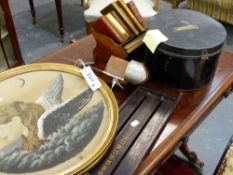 AN ASPREY BOOK STAND, A STEREOSCOPIC VIEWER, HAT TIN, A NEEDLEWORK PICTURE, ETC.